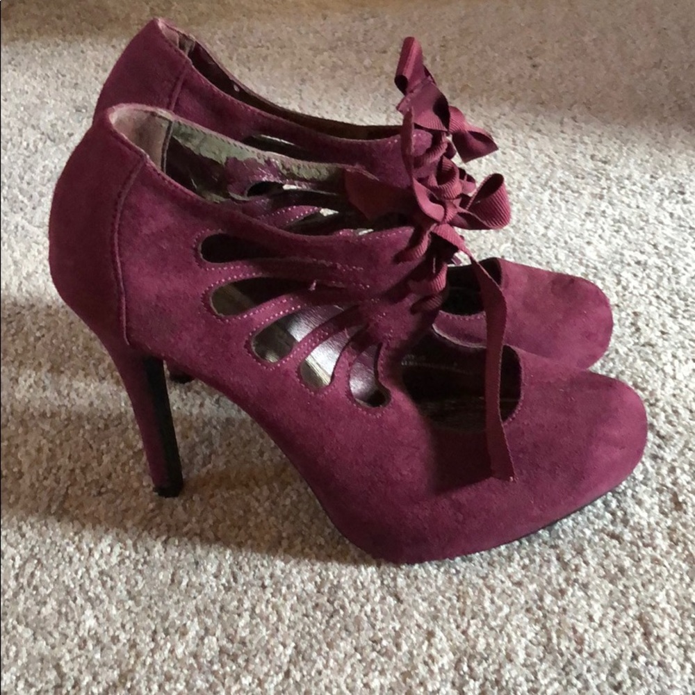 Lace up front purple heels